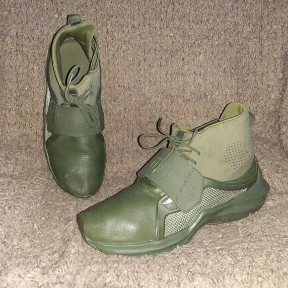 PUMA-FENTY-IGNITE-Mid Leather Trainers-Sneakers-Cypress Green-Sz 8.5-Excellent - Picture 1 of 7